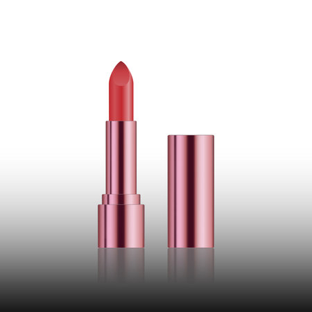 Mock-up of realistic light red lipstick. Decorative cosmetic product for beautiful glossy lip. makeup lipgloss in stick pink rose color. Blank template of container - Vector illustration.のイラスト素材