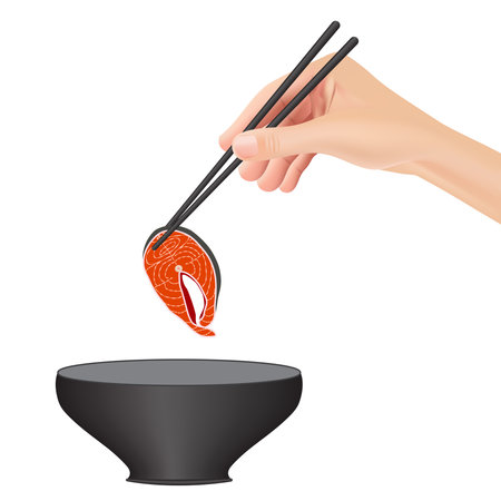 Hand holds chopsticks with salmon. Japanese cuisine, traditional food isolated on white background. Vector illustration EPS 10.のイラスト素材