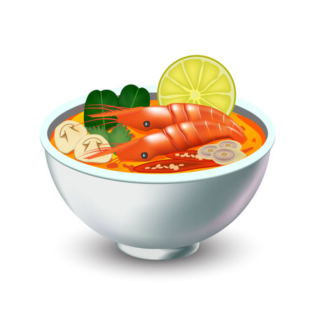 Tom Yum Kung curry in white bowl on a white background. vector illustration EPS 10.のイラスト素材