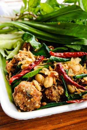 Thai dish   Fried spicy minced pork with herb, called Larb-Moo-Todの写真素材