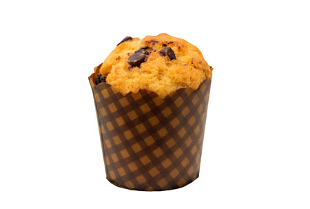 Isolated homemade chocolate chip and raisin muffins in paper cup.の写真素材