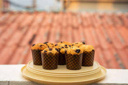 Homemade chocolate chip and raisin muffins in paper cup.の写真素材