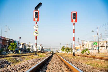 Railway with signal sign in Saraburi province, Thailand.の写真素材