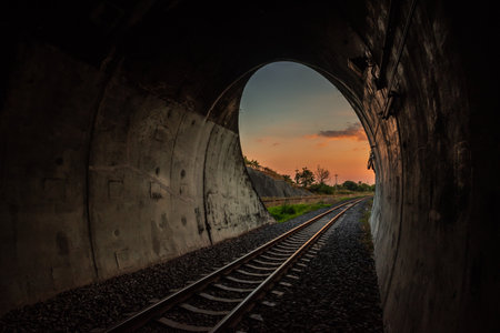 End of the train tunnel in Saraburi province, Thailand.の写真素材