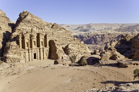 ed deir and the modern city of petra in the background, jordanのeditorial素材