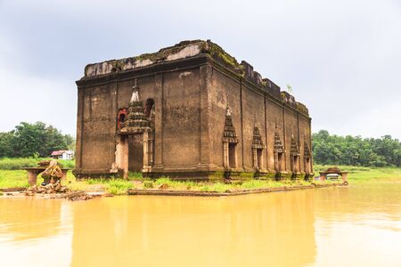 Ruin temple under water in sangklaburi, thailandの写真素材
