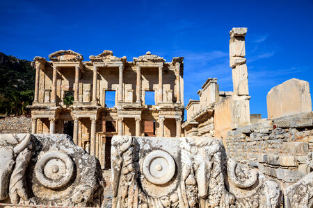 Carvings and library of celsus in ephesus, turkey