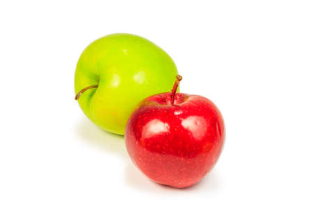 Ripe red and green apple isolated on white の写真素材