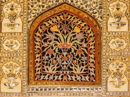 Colorful Floral Marble Window at Amer Palace in Jaipur, Rajasthan, Indiaのeditorial素材