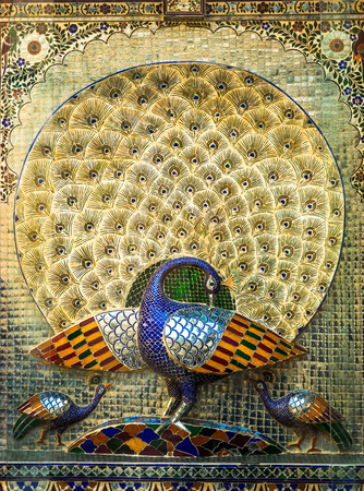 Beautiful glass mosaics of peacocks at Udaipur City Palace in Rajasthan, India. Constructed by Sajjan Singh.のeditorial素材