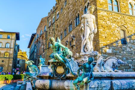 Florence, Italy - October 19, 2015 : View of famous Fountain of Neptune at Piazza della Signoria in Florence, Italy on October 19, 2015.のeditorial素材