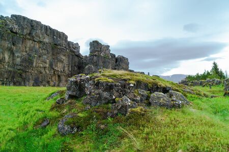 Summer Icelandic Landscape at Thingvellir National Park, Iceland. This picture shows the crest of the Mid-Atlantic Ridgeの写真素材