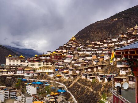 View of Tibetan Town of Baiyu and the monastery in  Sichuan, Chinaの写真素材