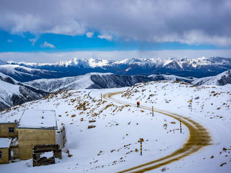 View of highway on the top of high mountain in Sichuan Chinaの写真素材