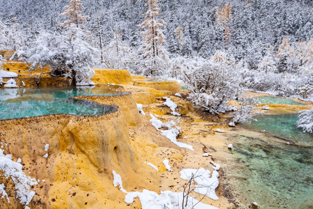 View of frozen waterfalls and snow covered trees in Huanglong, Sichuan, Chinaの写真素材