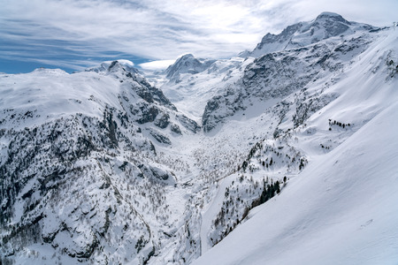 Beautiful view of snow mountain at Matterhorn Peak above Zermatt Village in Switzerlandの写真素材
