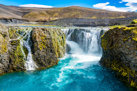 Beautiful view of Sigoldufoss waterfall at Fjallabak Nature Reserve in Central Highlands of Icelandの写真素材