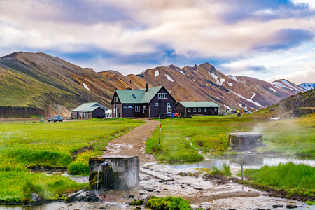 LANDMANNALAUGAR, ICELAND - JULY 6, 2018 : View of building, tents and camping in Brennisteinsalda Camping at Landmannalaugar in Highlands of Icelandのeditorial素材