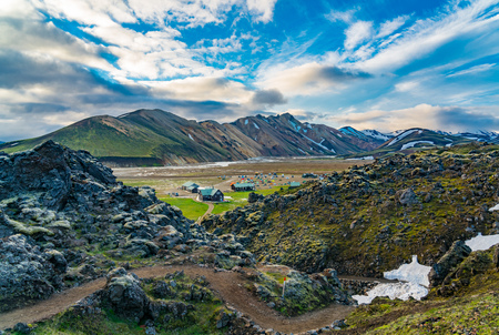 Impressive view of the beautiful mountain with tents and camping at Landmannalaugar in Highlands of Icelandの写真素材