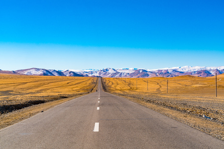 Rural asphalt road with the beautiful mountain and the yellow steppe in Ulgii, Mongolia in summer seasonの写真素材