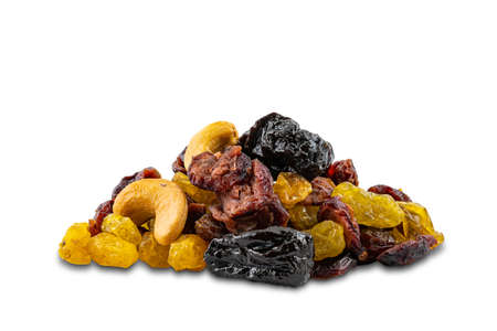 Pile of mixed various dried fruit on white background with clipping path.の写真素材