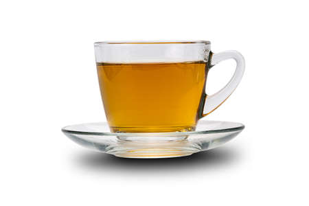 Side view transparent cup of hot tea isolated on white backgroundの写真素材