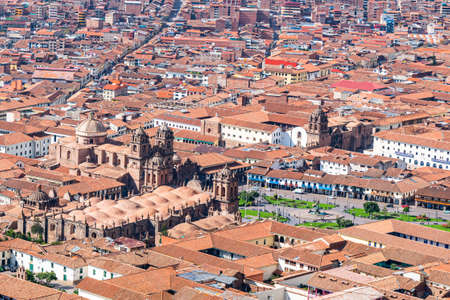 Aerial view the town of Cusco, Peru. View of Plaza de armas, Coricancha, iglesia de la Compania de...