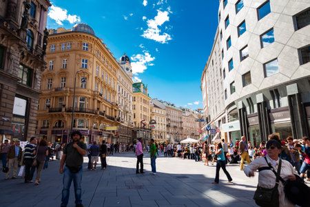 Vienna, Austria - August 9, 2011 : View of people walking, eating and  drinking in Graben street in Vienna, Austria.のeditorial素材