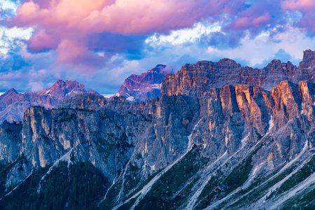 View of Nuvolau Group in Italian Dolomites Mountain in evening sunlight at Giau Pass, Province of Belluno,  Italy.の写真素材