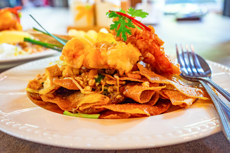 Thai style fried crispy fried wonton pad thai with prawn or shrimps, bean sprouts, chilli in white ceramic plate on wooden table.の写真素材