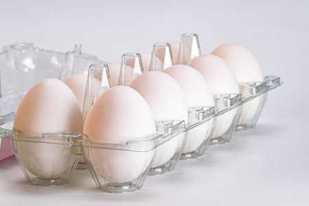 Group of organic white eggs in transparent plastic carton on white background, closeup view, horizontal format.の写真素材