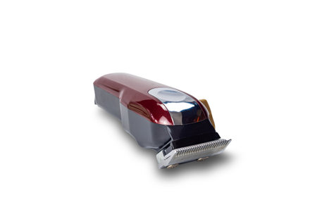 Front view of single red electric hairclipper equipment for men haircut without cord isolated on...