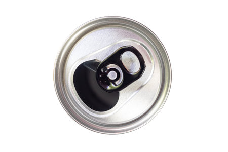 Top view of opened tin canned beverage with black pull ring isolated on white background with...