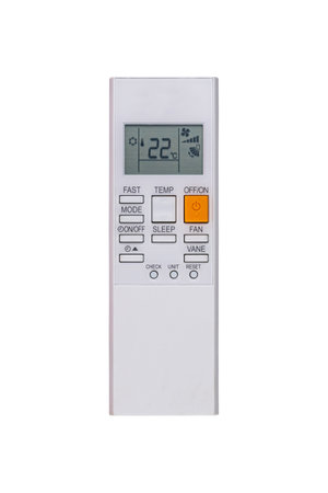 Top view of white plastic air conditioner remote control isolated on white background with clipping...
