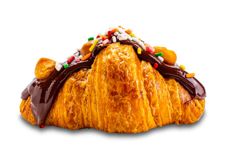 Croissant garnished with chocolate and rainbow sprinkles. Side view of single french croissant garnished with chocolate and rainbow sprinkles isolated on white background with clipping path.の写真素材