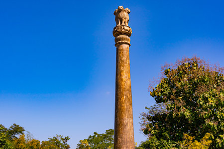 Ashoka pilla at Wat Chong Kham in Ngao District, Lampang Province, Thailand. The Lion on the pillar resembles the Lion Capital of Ashoka Pilla at Sarnath, India.の写真素材