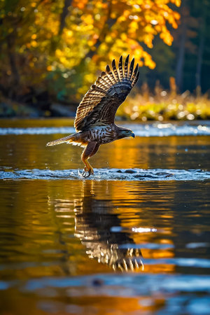 Hawkbird swooped down onto the surface of the water in the stream to catch pray.の写真素材