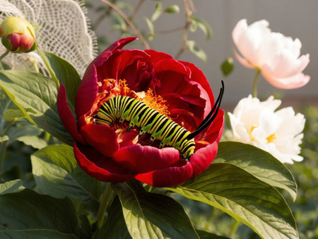 Green caterpillar crawls in a red blooming flower with green leaves.の写真素材