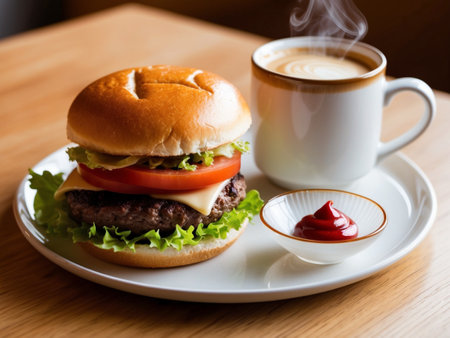 Juicy hamburger with a mug of hot coffee and a small cup of ketchup in white ceramic plate on the wooden table. Generated AIの写真素材