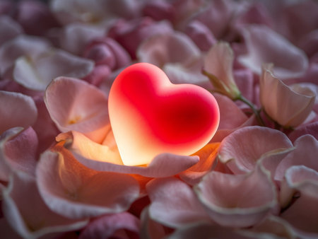 A delicate tender red heart softly glowing on the pile of pink rose petals is the symbol of love in the evening time of Valentine's day.の写真素材