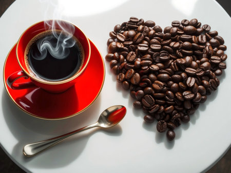 Hot coffee in a red ceramic cup on red saucer with a pile of coffee beans arrange in heartshaped and metal spoon on white table.の写真素材