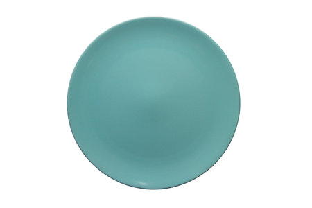Top view of empty shallow blue ceramic plate isolated on white background with clipping path.の写真素材