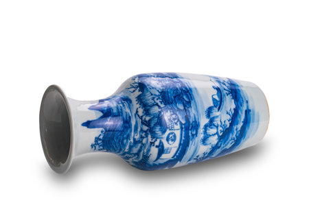 Old blue chinese ceramic vase isolated on white background with clipping path.の写真素材