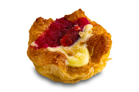 High angle view of cream cheese strawberry danish isolated on white background with clipping path, closeup.の写真素材