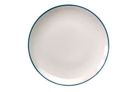 Top view of white ceramic plate with blue edge isolated on white background with clipping path.の写真素材