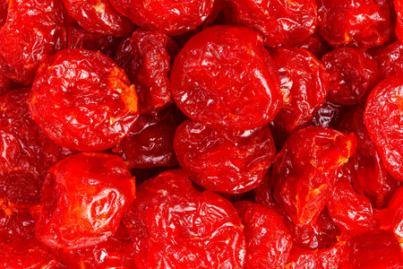 Top view of homemade sun dried cherry tomatoes or dehydrated cherry tomato or Solanum lycopersicum var. cerasiforme.の写真素材