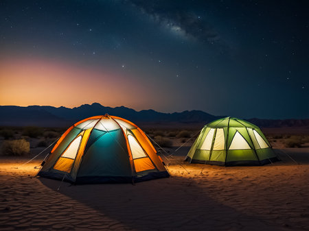 View of light illuminated colorful tents in a desert under the starry night sky with milky way. Generated AI.の素材