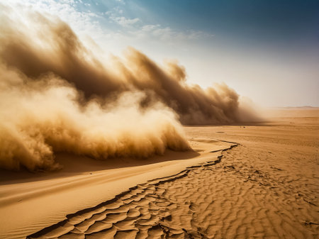 View of a vast desert is engulfed in a towering cloud of sand of a massive sandstorm in summer sunny day. Generated AI.の素材