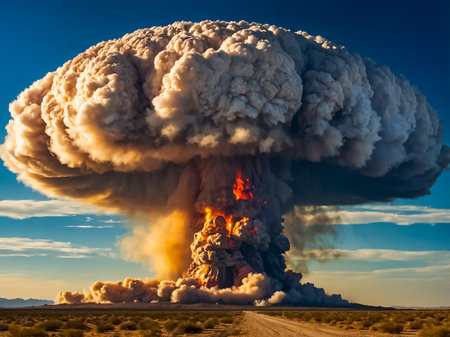 View the experiment of nuclear bomb blast with mushroom shape cloud above a desert in sunny day. Generated AI.の素材