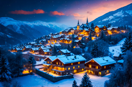 The illuminated mountain village during snow fall in the winter season. Generated AI.の素材